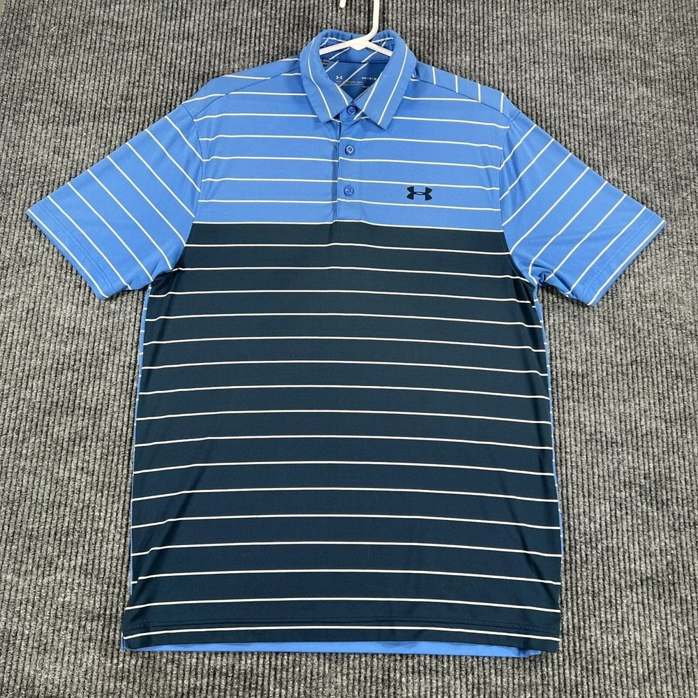 Under Armour Polo‎ Shirt Mens Medium Blue Striped Short Sleeve Loose Fit Heat